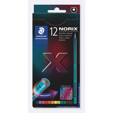 Een verpakking met 12 Norix kleurpotloden, Staedtler-logo, kleuren onderaan, tekst: Smart Design, Find out more, op een donkere achtergrond.