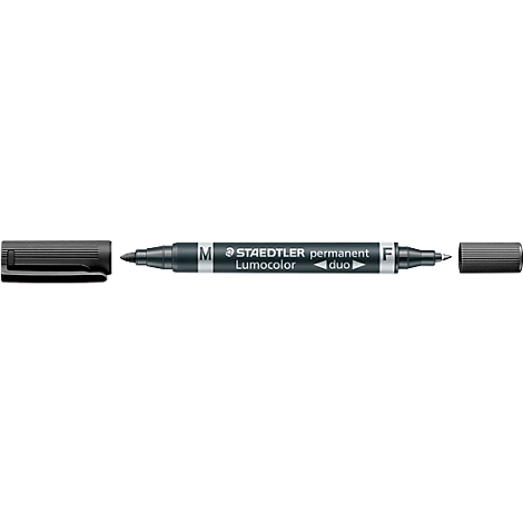 A black Staedtler Lumocolor permanent duo pen with open caps.