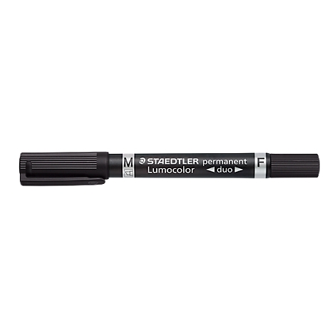 Black STAEDTLER Lumocolor Duo pen. M and F mark the tips. Black barrel.