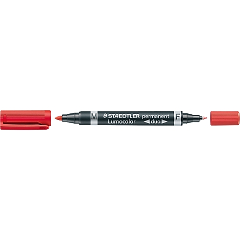 A red STAEDTLER Lumocolor Duo permanent marker with open caps.