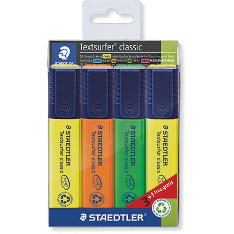Vier Textmarker in den Farben Gelb, Orange, Grün und Blau, in einer Packung. Der Textmarker trägt die Aufschrift Textsurfer classic.