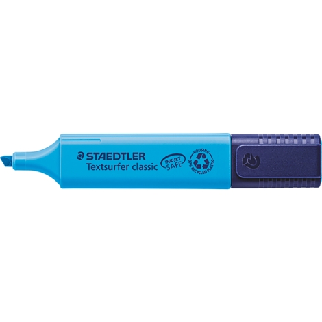 Blauer Textmarker Staedtler Textsurfer classic mit dunkelblauem Verschluss und Spitze.