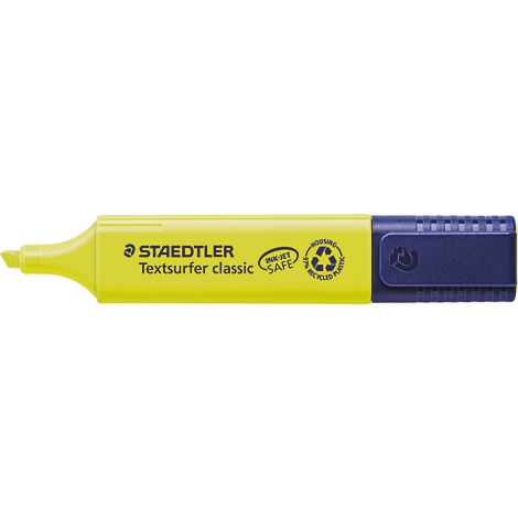 Gele markeerstift met blauwe clip. Opschrift: Staedtler Textsurfer classic.