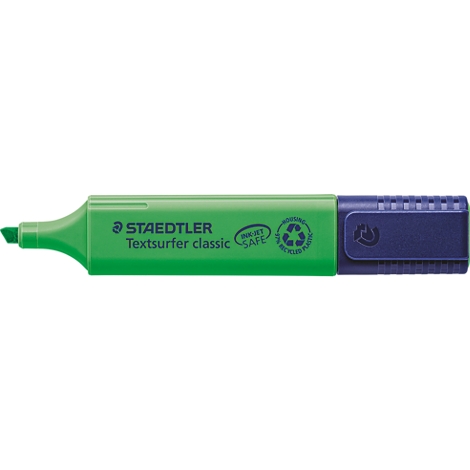 Groene markeerstift met een blauwe dop. Opschrift: STAEDTLER Textsurfer classic.