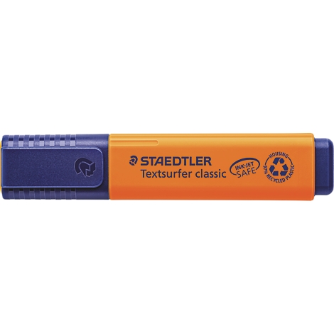 Gele markeerstift met blauwe dop. Opschrift: Staedtler Textsurfer classic, Inkjet Safe, recycling symbool.