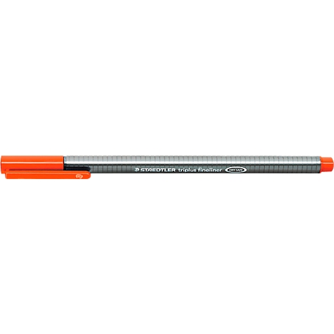 Close-up of an orange Staedtler fineliner. The pen body is grey with the brand name.
