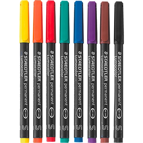 Eight different colored felt-tip pens with black shaft, each with a color cap and lettering.