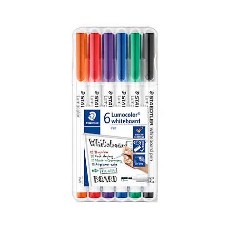 A package of six brightly colored whiteboard pens. Each pen is in a different color. The package contains product information.