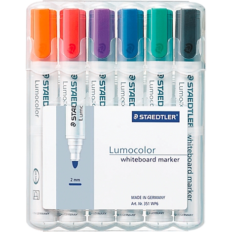 A set of colorful STAEDTLER Lumocolor whiteboard markers in a plastic package.