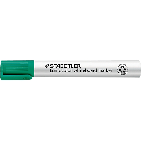 Grüner Staedtler Lumocolor Whiteboardmarker auf weißem Hintergrund.