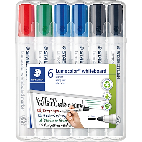 Sechser-Set Staedtler Lumocolor Whiteboard-Marker in einer transparenten Kunststoffverpackung.