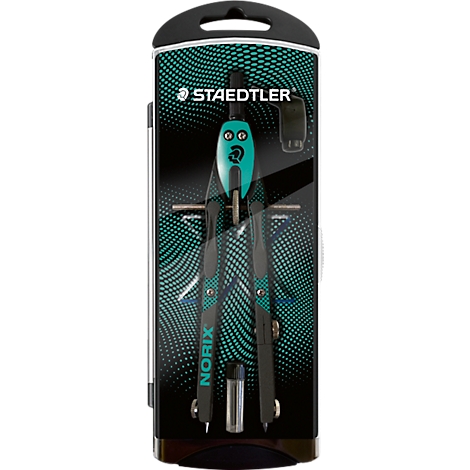 Staedtler Norix Zirkel in einer schwarzen und türkisfarbenen Verpackung mit geometrischem Muster.