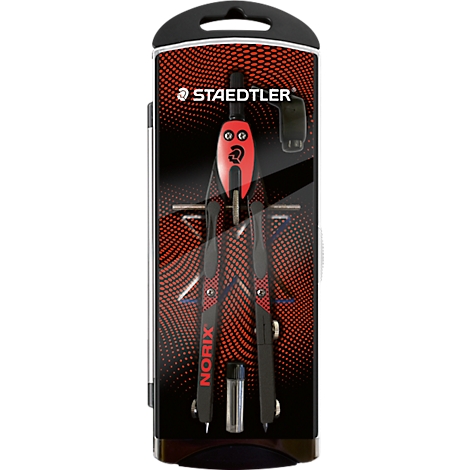 Staedtler Norix Zirkel in schwarzer Kunststoffhülle mit rotem Punktmuster auf der Vorderseite.