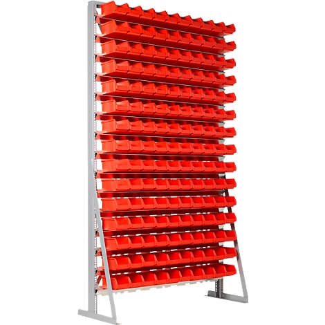 Rotes Lagerregal mit zahlreichen Fächern. Die Metallkonstruktion trägt die Kunststoffbehälter.