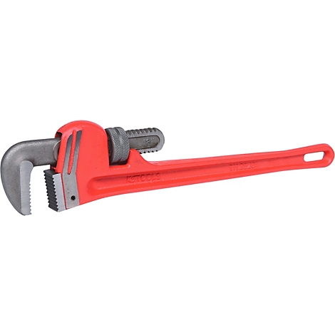 Eine rote Rohrzange mit geöffneten Backen, Griff und Einstellrad.