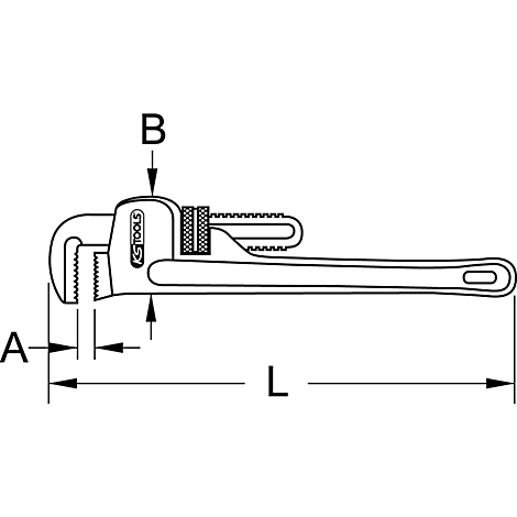 Rohrzange, Seitenansicht, mit Maßangaben A, B und L. Auf der Zange ist der Schriftzug 'KS TOOLS' erkennbar.