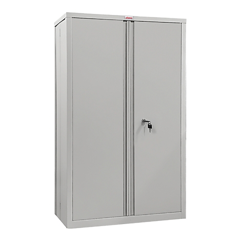 Grauer Metallschrank mit Doppeltüren und Schlüssel.