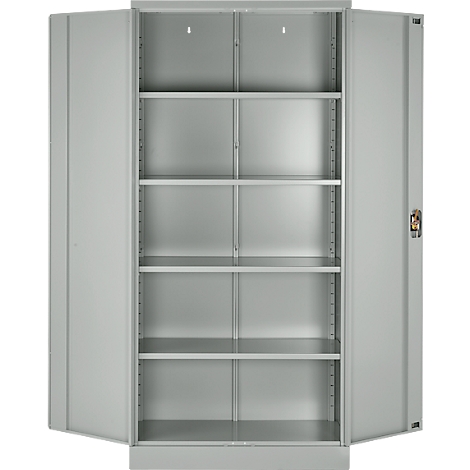 Grauer Stahlschrank, Türen geöffnet. Fünf Einlegeböden sind sichtbar.