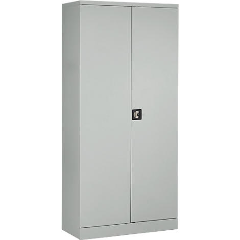 Grauer Aktenschrank mit zwei Türen und einem Griff.