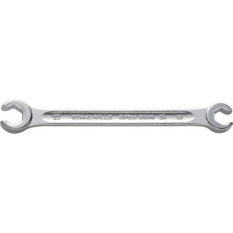 Een metalen dubbelzijdige sleutel. "STAHLWILLE OPEN RING 12 11" is gegraveerd op het middelste deel.