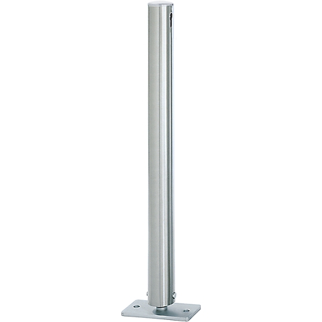 Stainless steel bollard. Cylindrical, mounted on a rectangular base plate.