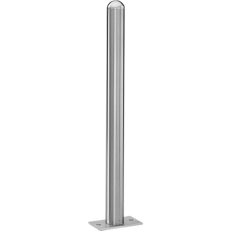Cylindrical stainless steel bollard. The bollard has a rounded cap and sits on a square plate.