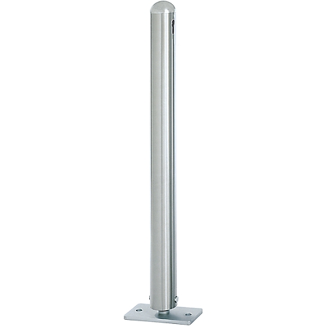 Silver bollard, cylindrical with a rounded cap, screwed onto a rectangular plate.