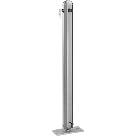 A metal bollard with a key and a round head, fixed on a rectangular base plate.