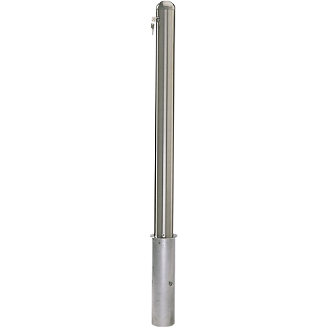 A slender, metal-colored column container; likely a soap dispenser.