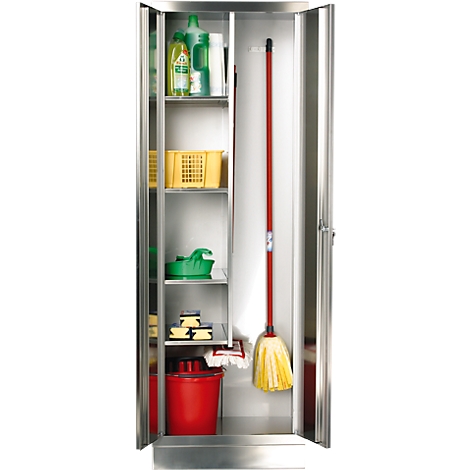 An open cleaning cabinet filled with cleaning products, a bucket, sponges, and a yellow mop.