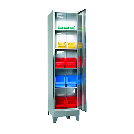 Steel cabinet with open door. Inside, containers are arranged in different colors.