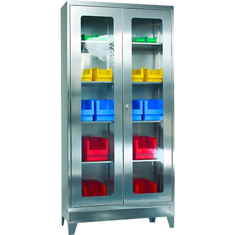 Stainless steel cabinet with glass doors, filled with colorful containers for storage.