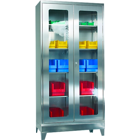 Stainless steel cabinet with glass doors, filled with colored containers. Yellow, blue and red. Ideal for storing small parts.