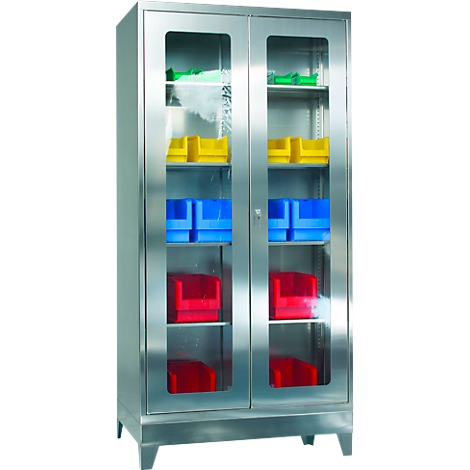 Stainless steel cabinet with glass doors, filled with colorful plastic containers.