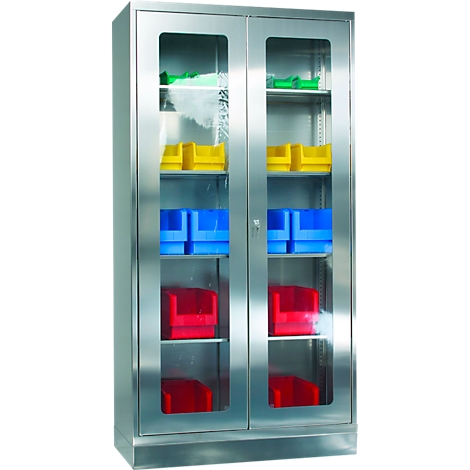 Stainless steel cabinet with glass panels, filled with colorful containers. Green, yellow, blue, and red.