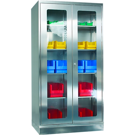 Stainless steel cabinet with glass panes. It's filled with yellow, blue, red containers.