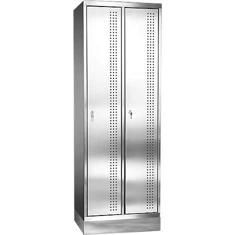 Stainless steel cabinet with two doors, perforated pattern, and key locks.