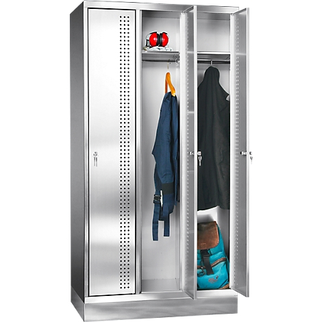 Stainless steel cabinet with open doors. Clothes, backpack, ear protection, and helmet inside.