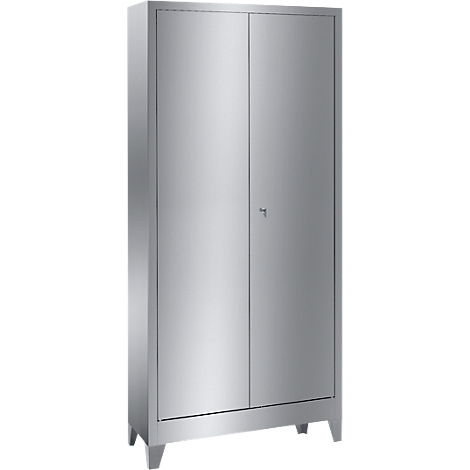 Metal cabinet, two doors, silver colored, with small keyhole.