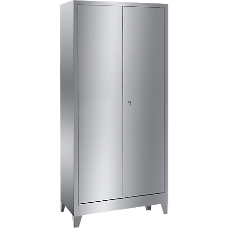 Polished stainless steel cabinet with two doors and a lock.