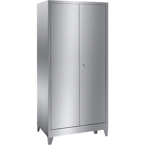Stainless steel cabinet with two doors and a keyhole, standing on small feet.
