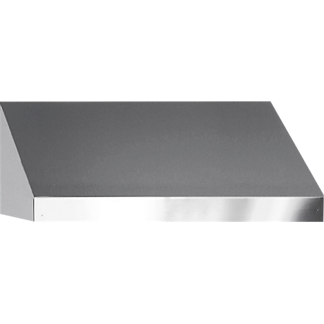 Stainless steel range hood, angled shape.