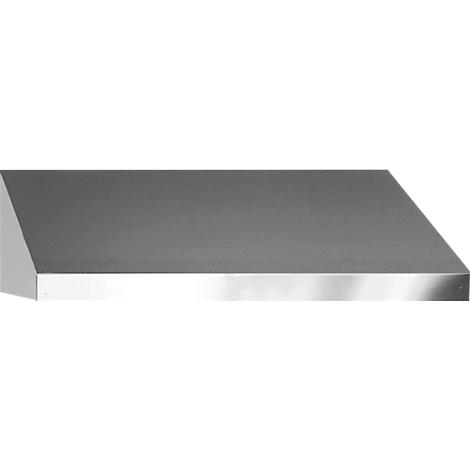 Stainless steel range hood. A sloping surface is bordered by a bottom edge and a sloping edge.