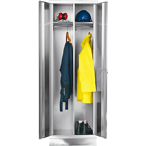 Open metal cabinet with work clothes: helmet, ear protectors, jacket, rain jacket and shoes.