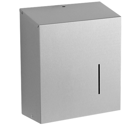 Grey rectangular metal paper towel dispenser. Slanted at the top, with a narrow slit for removing the towels.