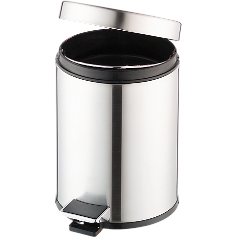 Round stainless steel trash can. The lid is open and the opening is visible. A foot pedal is attached to the bottom.