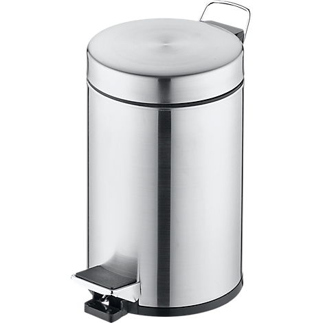 Round silver trash can with lid and foot pedal.