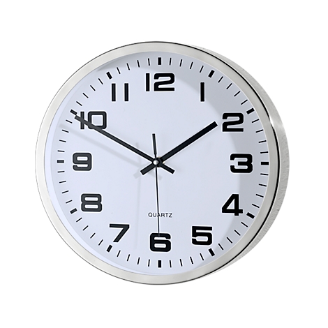 A round quartz clock with a silver rim, black numbers and hands on a white dial.