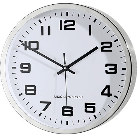 Round, silver wall clock with white face. Black numerals and hands, text 'Radio Controlled'.