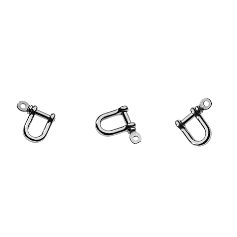 Three silver metal shackles on a white background.